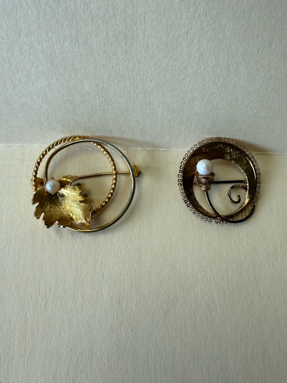 Pair of Round Circular Gold Filigree and Toned with Pearl Accent Brooch Pins.